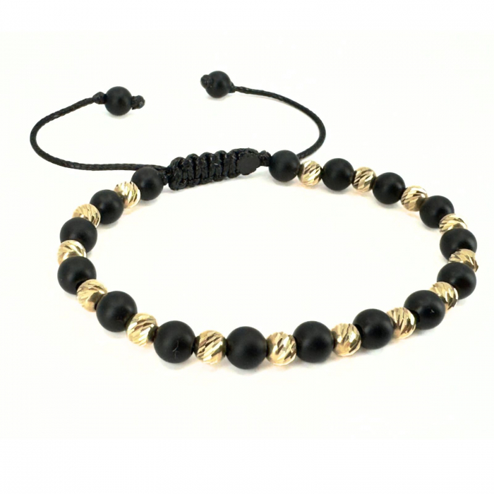 Brățară Bărbați cu Bile de Aur 14K 5 mm, Onix Negru Mat 6mm, Șnur Reglabil [2]