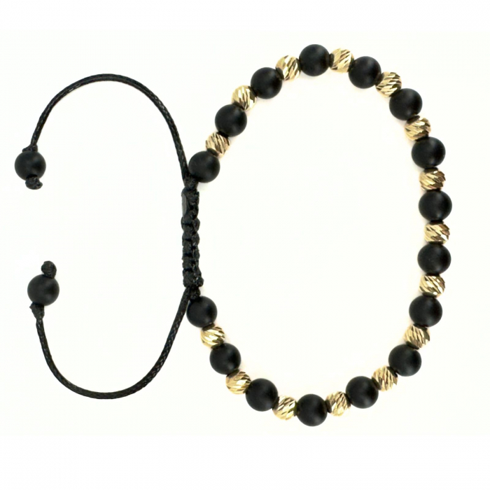 Brățară Bărbați cu Bile de Aur 14K 5 mm, Onix Negru Mat 6mm, Șnur Reglabil [3]