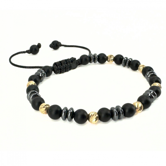Brățară Bărbați cu Bile de Aur 14K 5 mm, Onix Negru și Hematit Discuri 6mm, Șnur Reglabil [2]