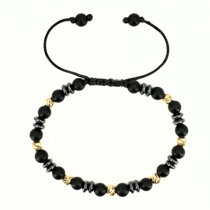 Brățară Bărbați cu Bile de Aur 14K 5 mm, Onix Negru și Hematit Discuri 6mm, Șnur Reglabil [3]