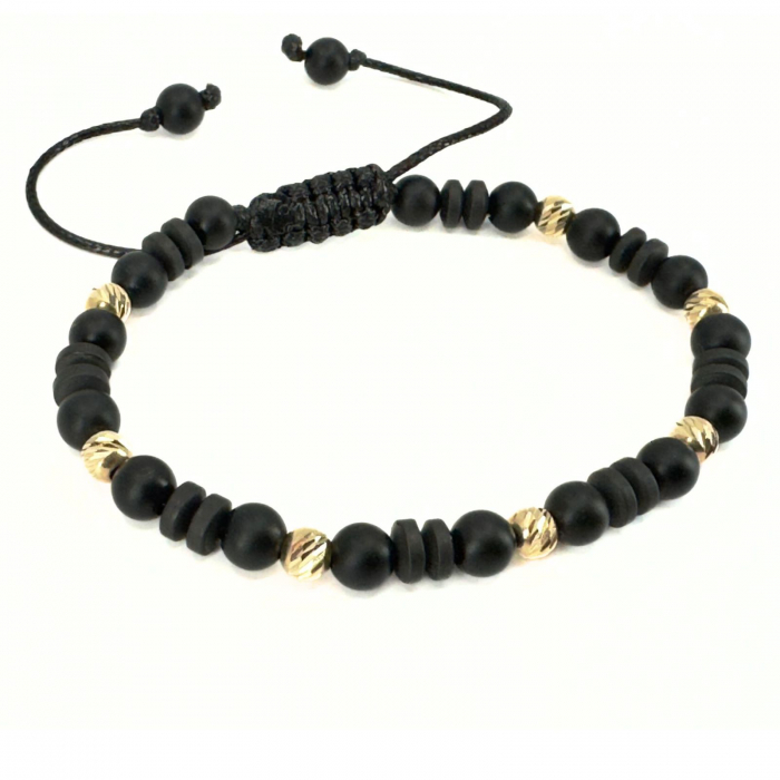 Brățară Bărbați cu Bile de Aur 14K 5 mm, Onix și Hematit Discuri Negru Mat 6mm, Șnur Reglabil [2]