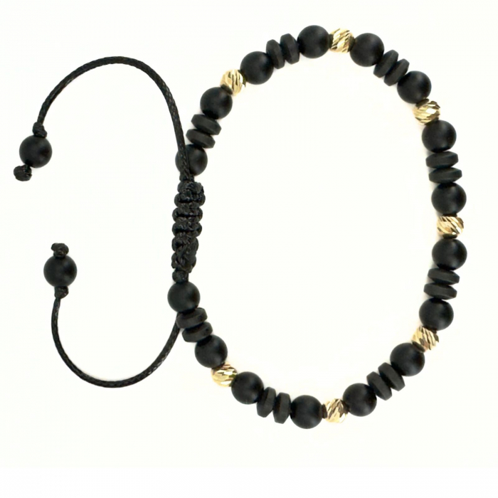 Brățară Bărbați cu Bile de Aur 14K 5 mm, Onix și Hematit Discuri Negru Mat 6mm, Șnur Reglabil [3]