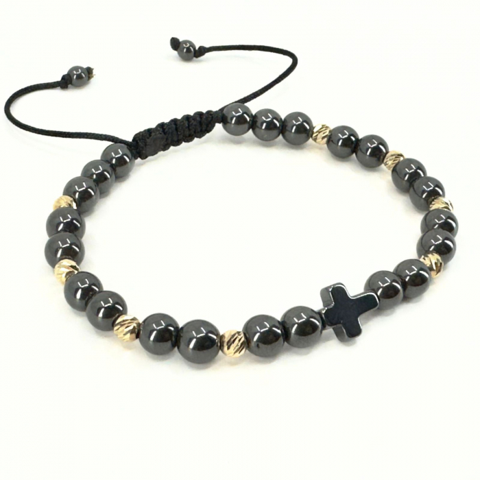 Brățară Bărbați cu Cruciuliță și Bile Aur 14K, Pietre Hematit 6 mm, Șnur Reglabil [2]