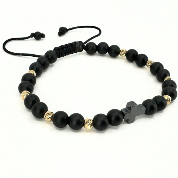 Brățară Bărbați cu Cruciuliță și Bile Aur 14K, Pietre Onix 6 mm, Șnur Reglabil [2]