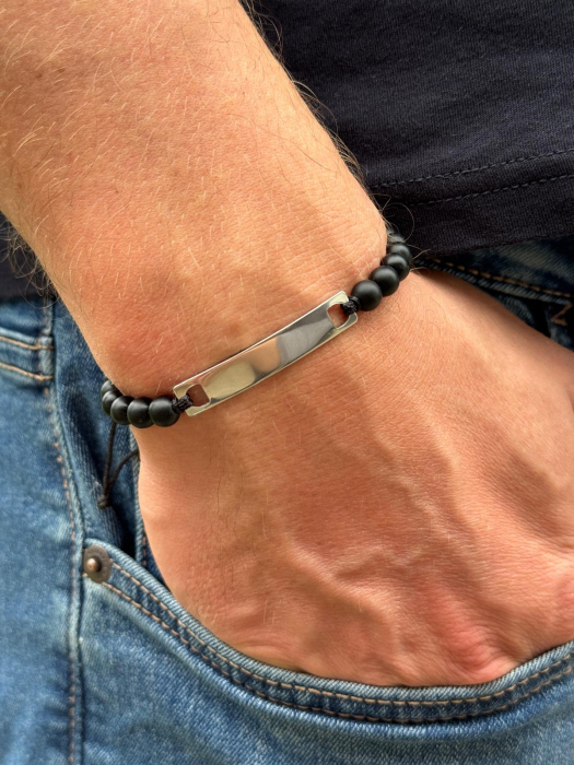 Brățară Bărbați cu Șnur, Pietre Onix 6mm și Plăcuță Inox Personalizată Gravură Laser [2]