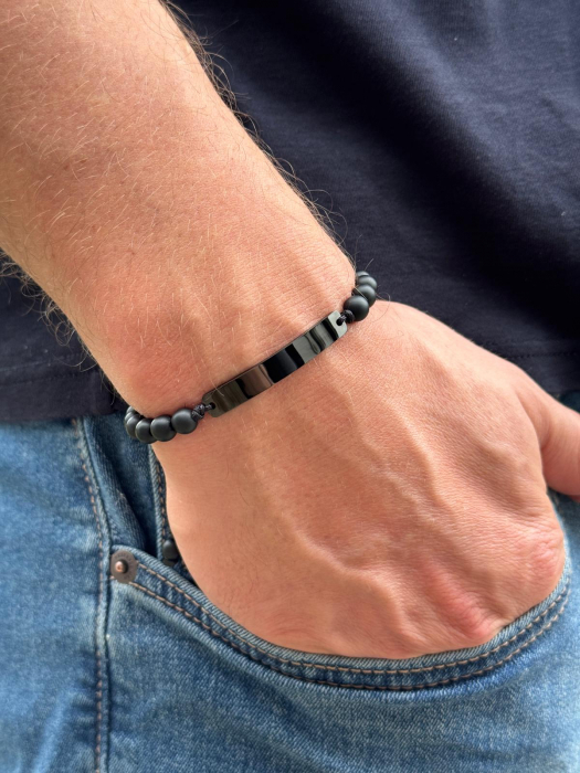 Brățară Bărbați cu Onix Mat 6mm, Șnur și Plăcuță Neagră Personalizată – Inox – Gravură Laser [2]