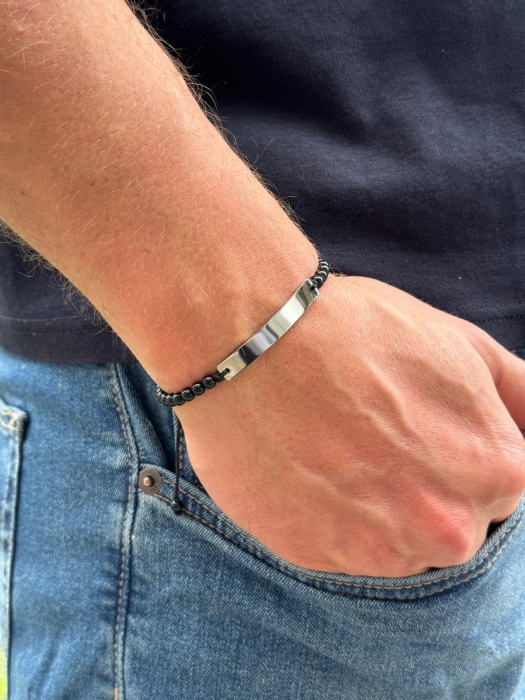 Brățară Bărbați cu Onix, Șnur și Plăcuță Argintie Personalizată – Inox – Gravură Laser [2]