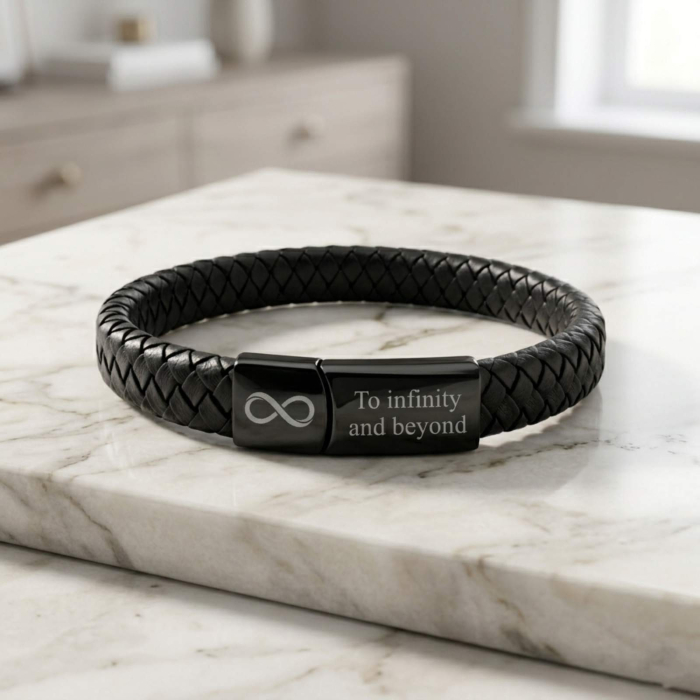 Brățară Bărbați din Piele - Personalizată Text, Închidere Magnetică Neagră, Inox [3]