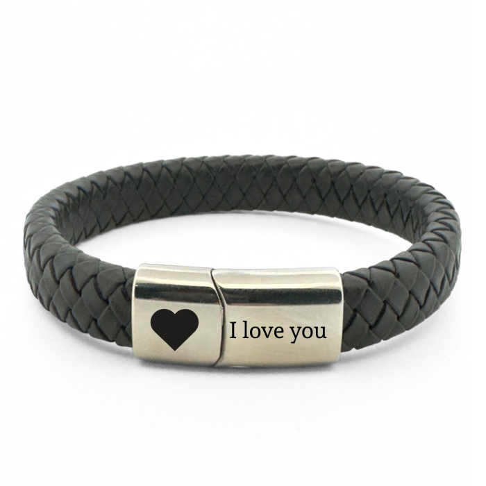 Brățară Piele Bărbați Personalizată cu Gravură Text, Închidere Magnetică Argintie, Inox [2]