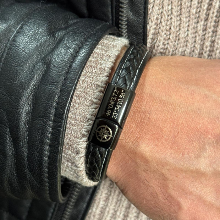 Brățară Bărbați Personalizată, Piele Neagră 10mm, Închidere Magnetică Neagră, Inox [6]
