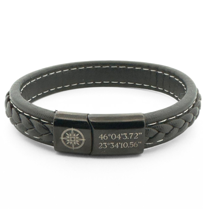 Brățară Bărbați Personalizată, Piele Neagră 10mm, Închidere Magnetică Neagră, Inox [7]