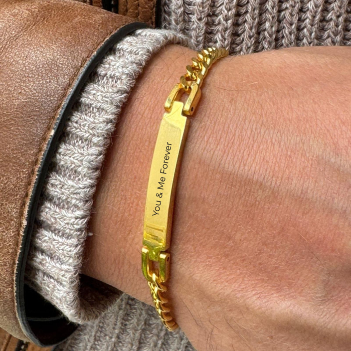 Brățară Bărbați Personalizată - Plăcuță și Lanț Cuban din Inox Auriu cu Aspect Lucios, Lungime 21 cm [2]