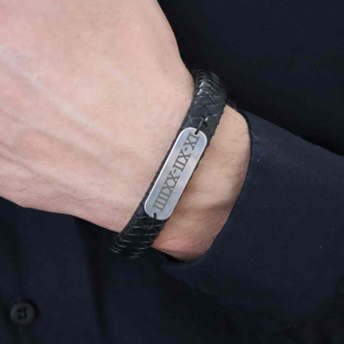 Bratara barbati piele lata impletita si placuta Argint personalizata (inchizatoare magnetica inox) [3]