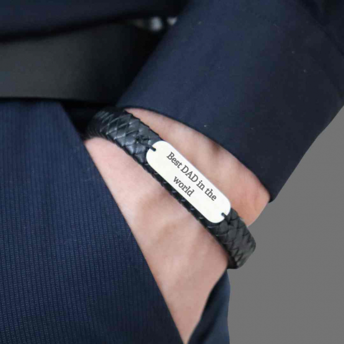 Bratara barbati piele lata impletita si placuta Argint personalizata (inchizatoare neagra magnetica inox) [4]