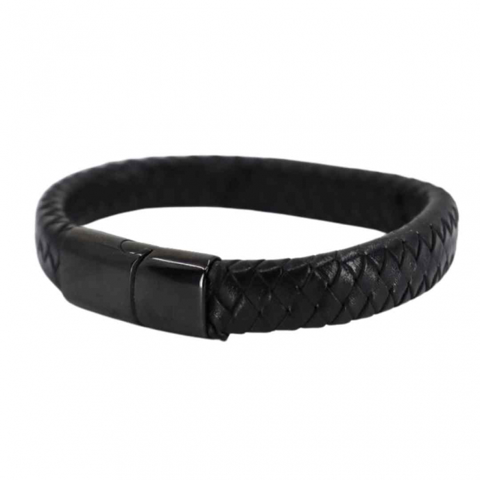 Bratara barbati piele lata impletita si placuta Argint personalizata (inchizatoare neagra magnetica inox) [3]