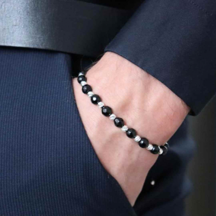 Bratara cu Bile din Argint 925, Snur Reglabil si Pietre Semipretioase Onix Fatetat 6mm [2]