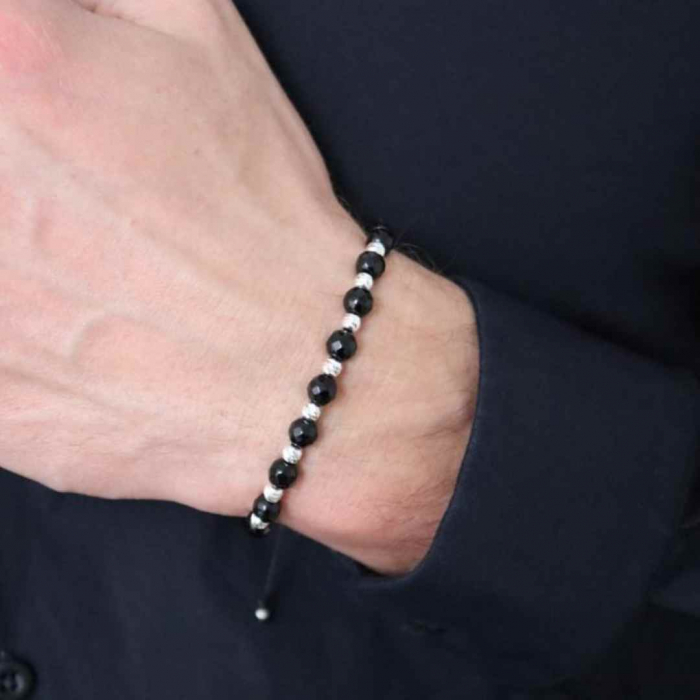 Bratara cu Bile din Argint 925, Snur Reglabil si Pietre Semipretioase Onix Fatetat 6mm [3]