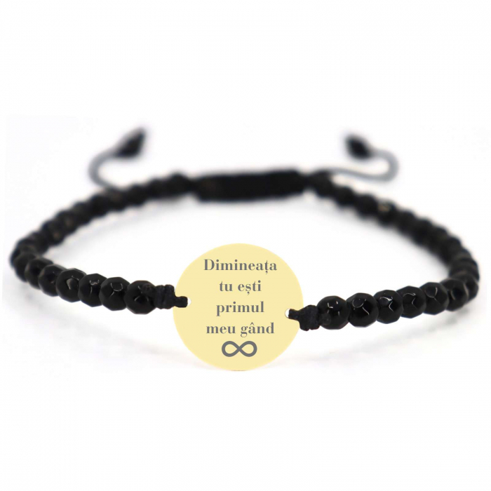 Brățară cu bănuț Aur 14K personalizată cu poză, pietre onix și șnur [2]