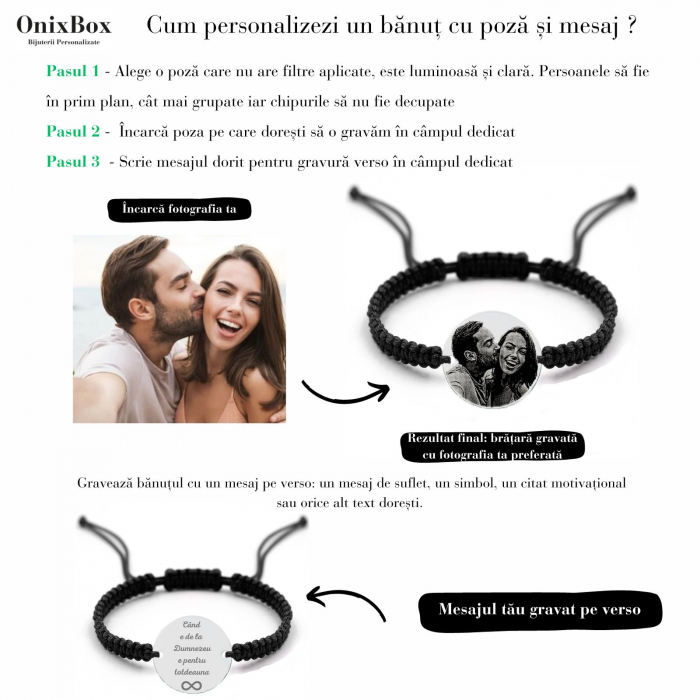Brățară cu bănuț Aur 14K personalizată cu poză, pietre onix și șnur [3]