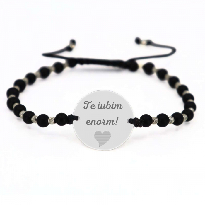 Brățară cu bănuț personalizat cu poză din Argint 925, biluțe Onix și șnur reglabil [2]