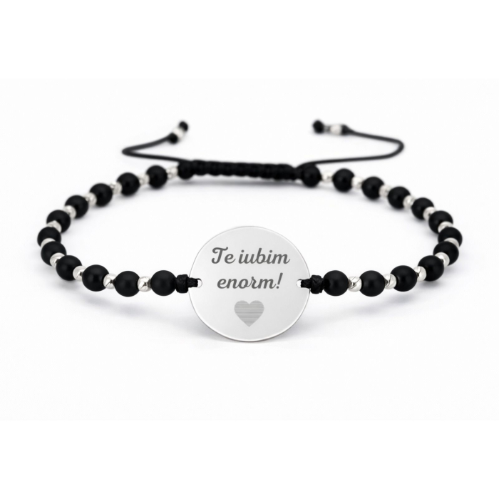Brățară cu bănuț personalizat cu poză din Argint 925, biluțe Onix și șnur reglabil [2]