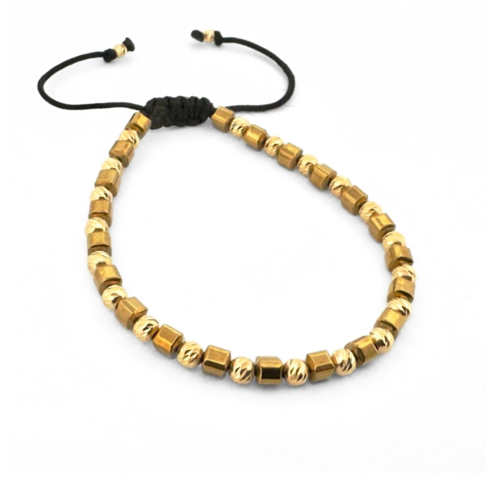 Brățară cu Bile Argint 4 mm Placate cu Aur 18K, Hematit Auriu Cuburi - Șnur Reglabil, Unisex [2]