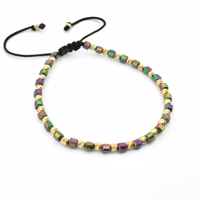 Brățară Damă cu Biluțe Argint 3 mm Placate cu Aur 18K, Hematit Multicolor Cuburi - Șnur Reglabil [2]