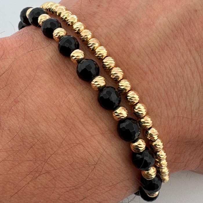 Brățară cu Bile Argint 4mm Placate cu Aur 18K, Onix Lucios 6mm, Șnur Reglabil, Unisex [3]