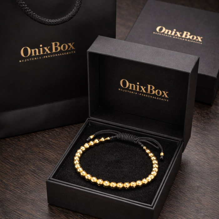 Brățară cu Bile Argint 4mm Placate cu Aur 18K, Șnur Reglabil, Unisex [6]