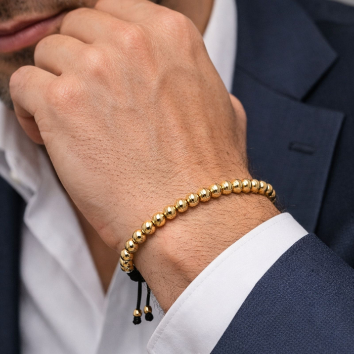 Brățară cu Bile Argint 4mm Placate cu Aur 18K, Șnur Reglabil, Unisex [2]