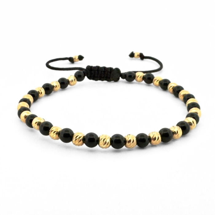 Brățară Onix cu Bile Argint 4mm Placate cu Aur 18K, Șnur Reglabil, Unisex [6]