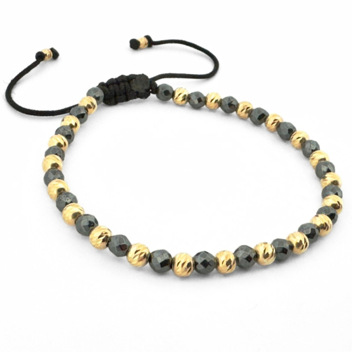 Brățară cu Bile Argint 925 Placate Aur 18K 4mm, Pietre Hematit Fațetat - Șnur Reglabil, Unisex [3]