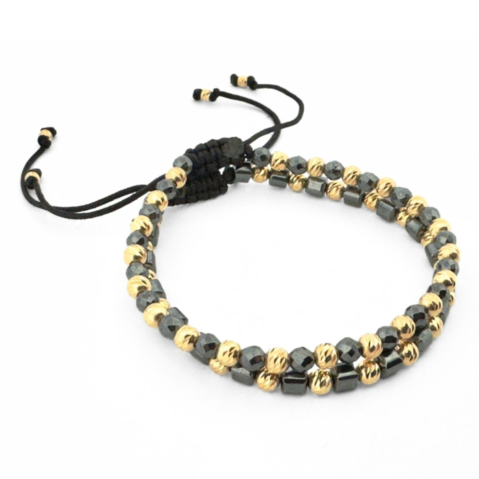 Set Brățări cu Bile Argint 925 Placate Aur 18K 4mm, Pietre Hematit - Șnur Reglabil, Unisex [3]