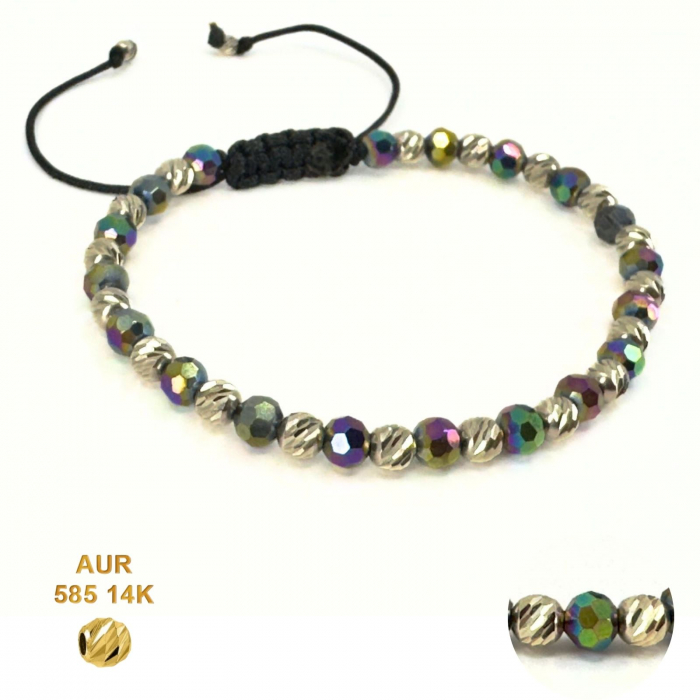 Brățară cu Bile Aur Alb 14K și Cristale Sticlă Multicolore 4 mm, Șnur Reglabil [9]
