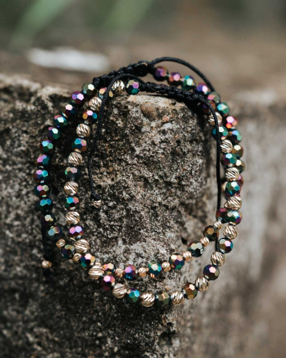 Brățară cu Bile Aur Alb 14K și Cristale Sticlă Multicolore 4 mm, Șnur Reglabil [6]