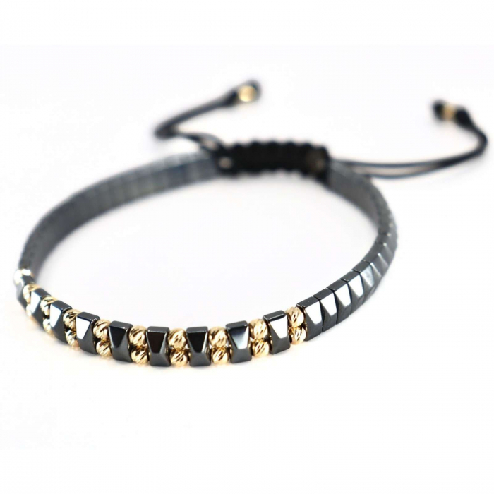 Brățară cu Bile de Aur 14K 3 mm, Șnur Reglabil și Hematit Gri [3]