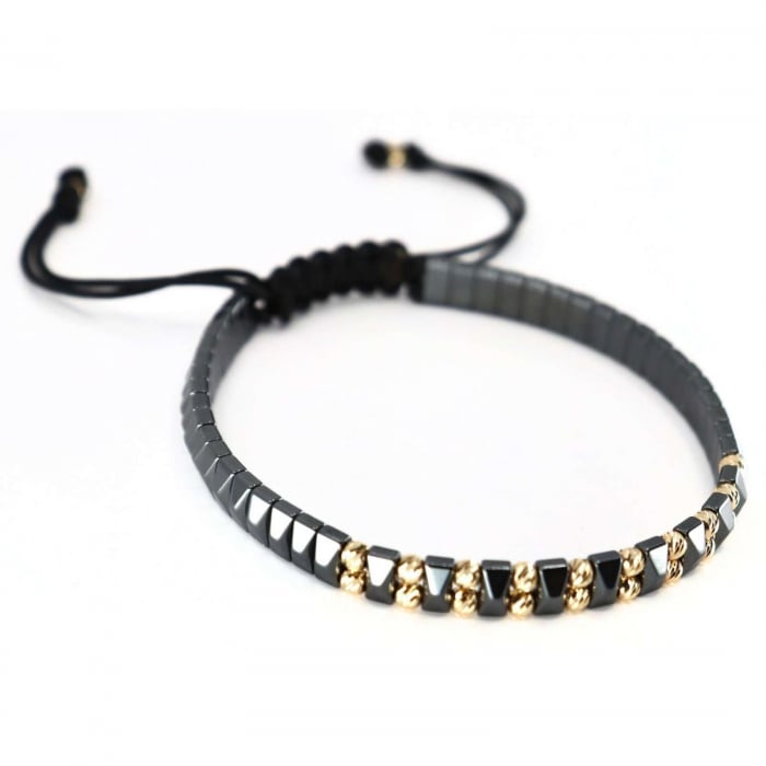 Brățară cu Bile de Aur 14K 3 mm, Șnur Reglabil și Hematit Gri [4]