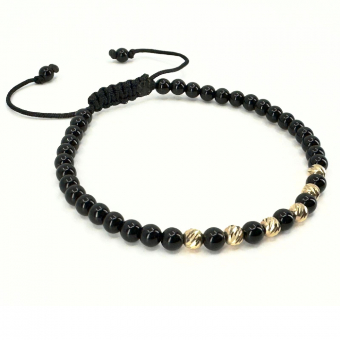 Brățară cu Bile de Aur 14K 585, Pietre Semiprețioase Onix Negru, Șnur Reglabil [2]