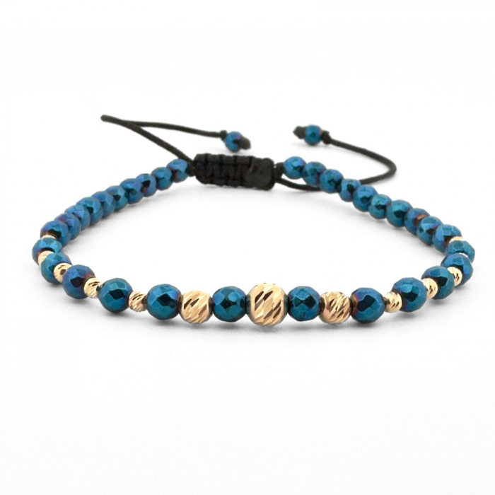 Bratara cu Bile de Aur 14K, Hematit Albastru, Reglabila, Unisex