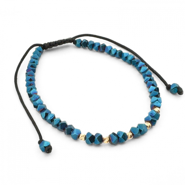 Brățară cu Bile de Aur 14K, Hematit Albastru și Șnur Reglabil, Unisex [2]