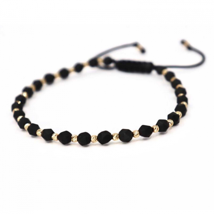 Brățară cu bile de aur 14K, Hematit negru mat fațetat 4 mm, șnur reglabil [6]