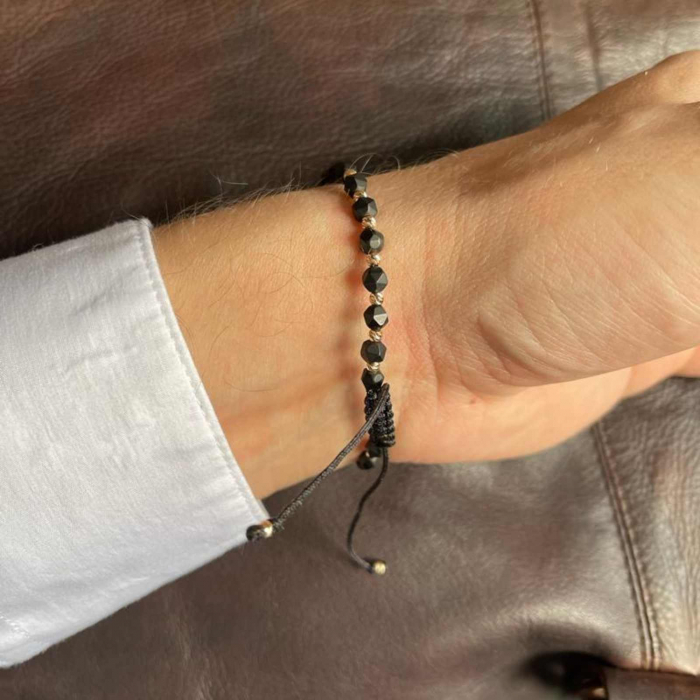 Brățară cu bile de aur 14K, Hematit negru mat fațetat 4 mm, șnur reglabil [3]
