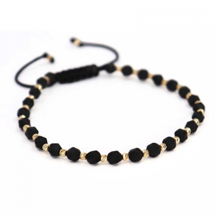 Brățară cu bile de aur 14K, Hematit negru mat fațetat 4 mm, șnur reglabil [4]