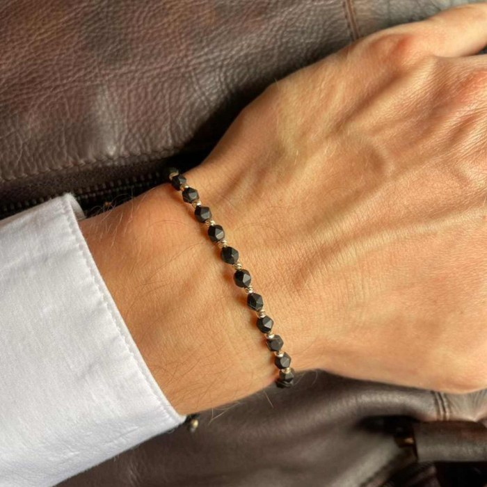 Brățară cu bile de aur 14K, Hematit negru mat fațetat 4 mm, șnur reglabil [2]