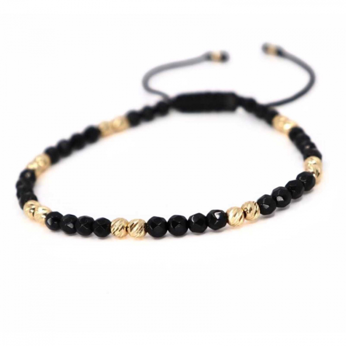 Brățară cu bile de aur 14K, Onix negru fațetat 4 mm, șnur reglabil [6]