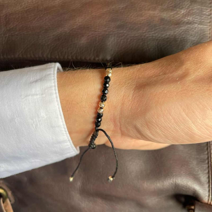 Brățară cu bile de aur 14K, Onix negru fațetat 4 mm, șnur reglabil [3]
