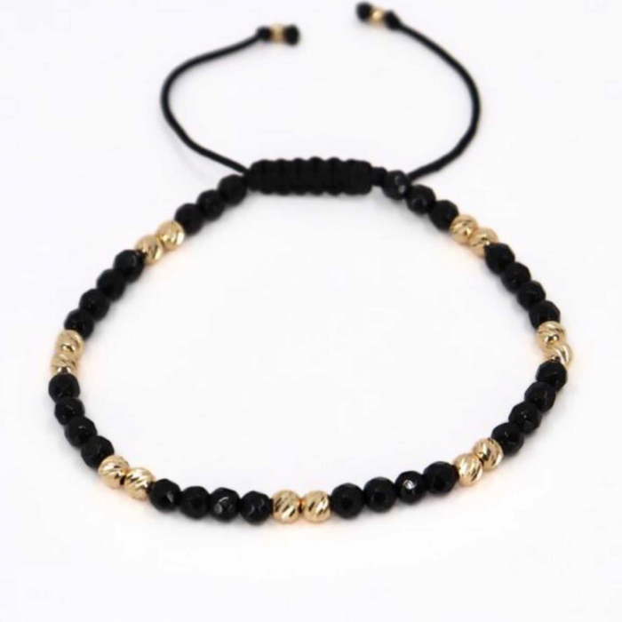 Brățară cu bile de aur 14K, Onix negru fațetat 4 mm, șnur reglabil [4]