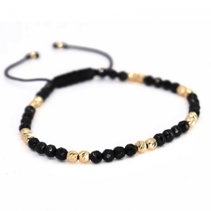 Brățară cu bile de aur 14K, Onix negru fațetat 4 mm, șnur reglabil [5]