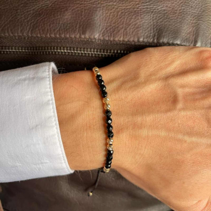 Brățară cu bile de aur 14K, Onix negru fațetat 4 mm, șnur reglabil [2]