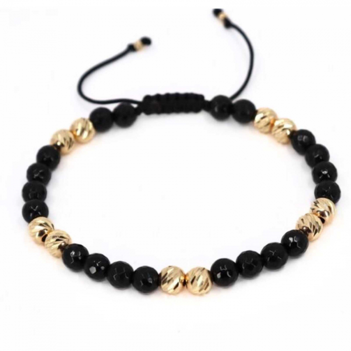 Brățară cu bile de aur 14K, Onix negru fațetat 6 mm, șnur reglabil [4]
